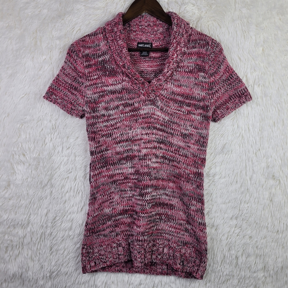 Wet Seal L Shawl Collar Short Sleeve Sweater Pullover Top Y2K V Neck Mid Length